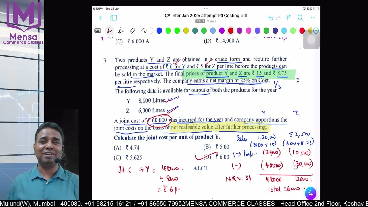 Inter Jan 2025 ICAI Costing Paper MCQs Solution