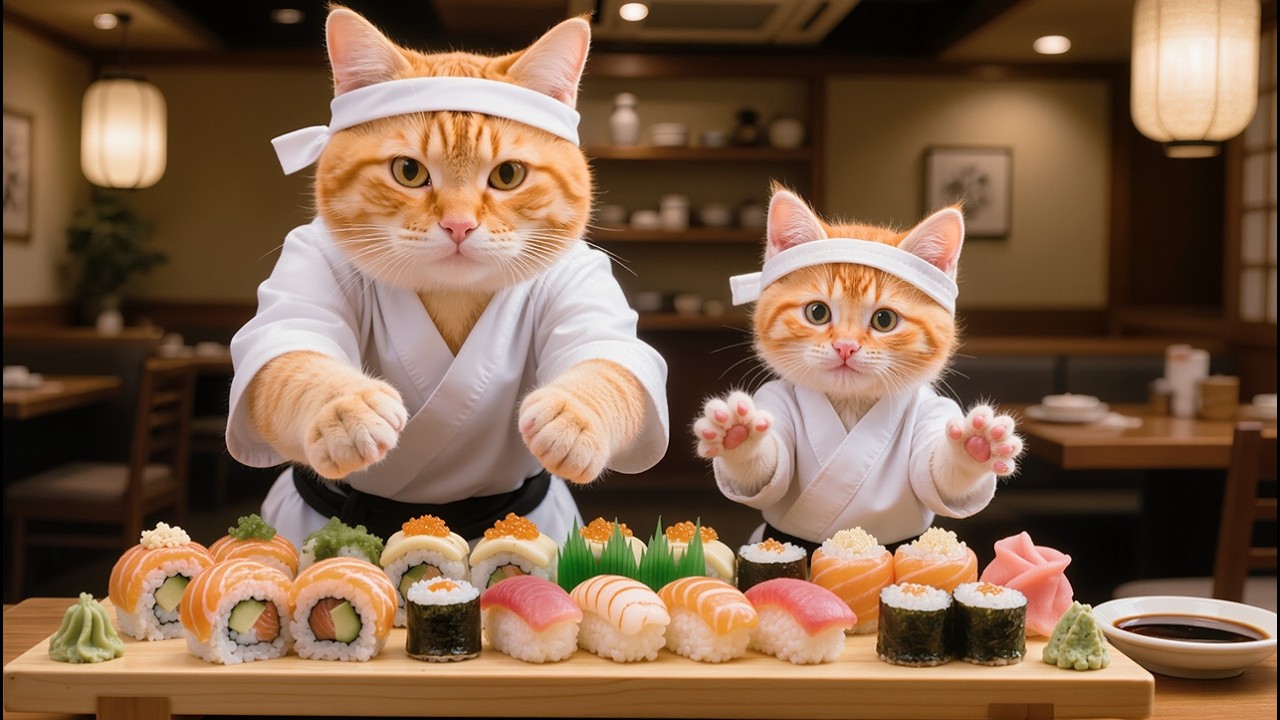 Mama Cat Prepares Fresh Homemade Sushi to Welcome Special Guests 🍣🐱✨