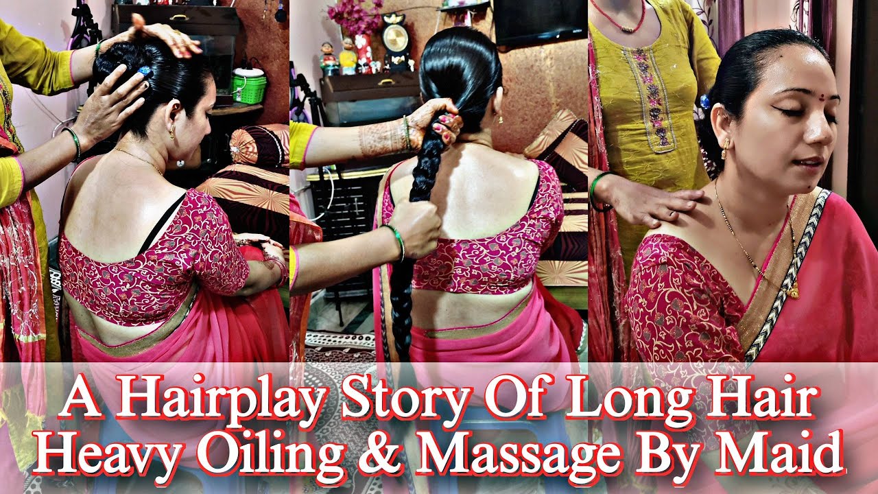 Heavy Oiling Hairplay Story by Maid|Pink Saree Look|Relaxing Head Massage&Sleek Braid Transformation