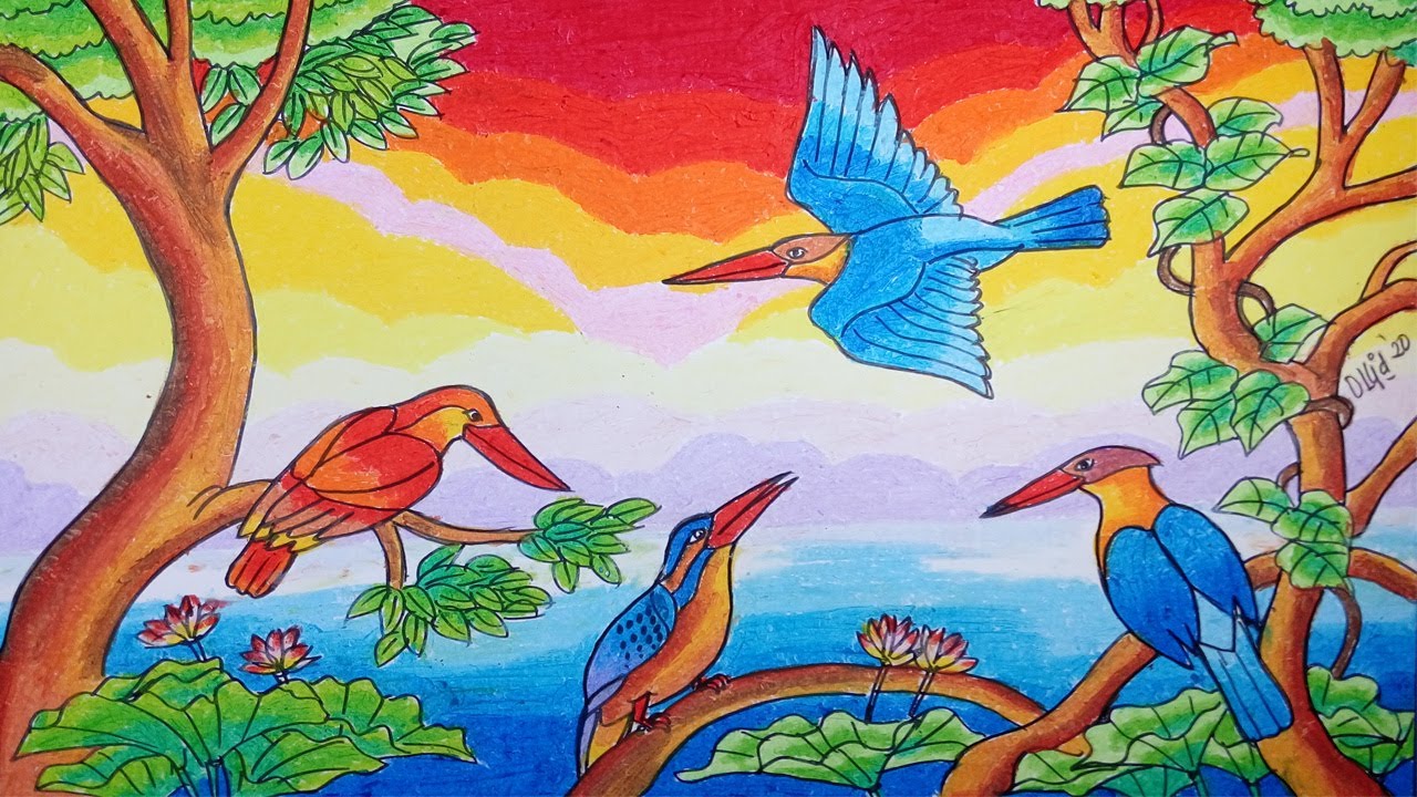 Cara Menggambar burung Stork Billed Kingfisher Dan Pemandangan Dengan  Crayon/Oil Pastel