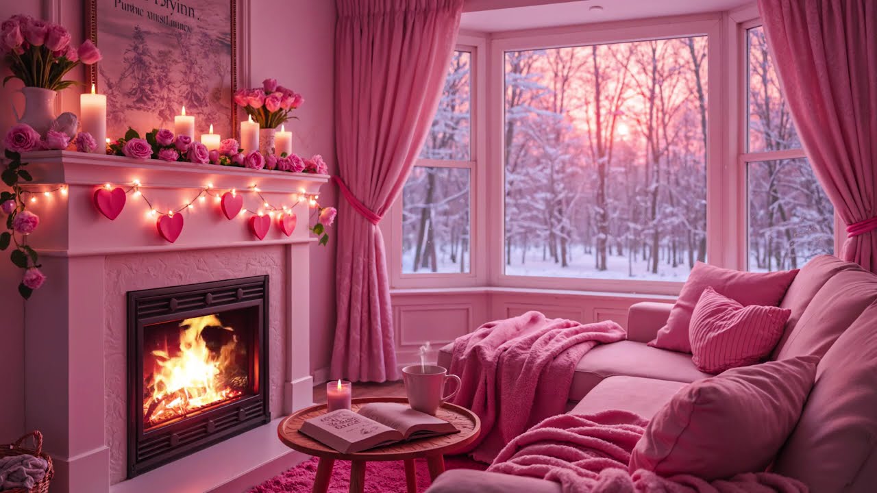 Healing Piano Crackling Fireplace in a Cozy Pink Valentine ❆ For Stress Relief and Inner Peace