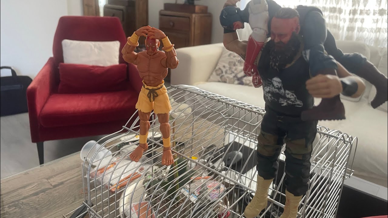 Hell in a cell match brown strowmen vs Dhalsim vs Captain America 