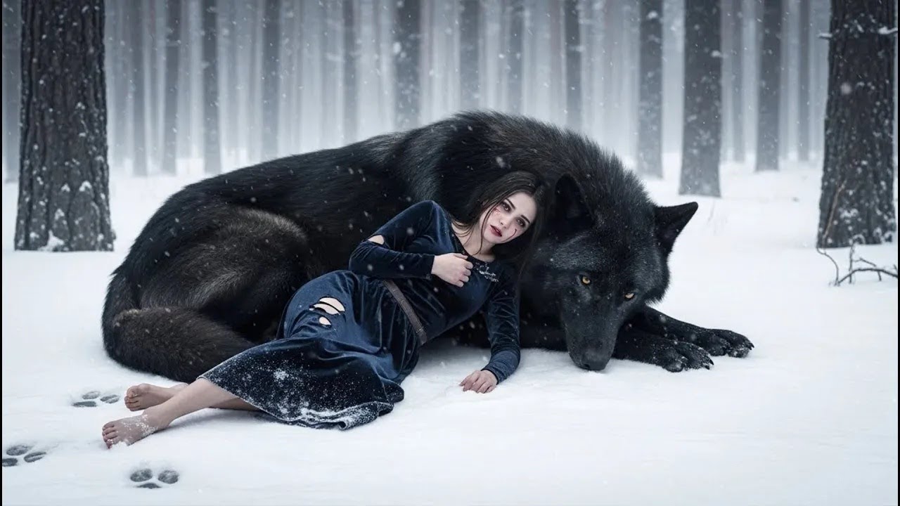 Elle s'effondre dans la neige après un rejet ! Un loup noir géant se blottit pour la réchauffer