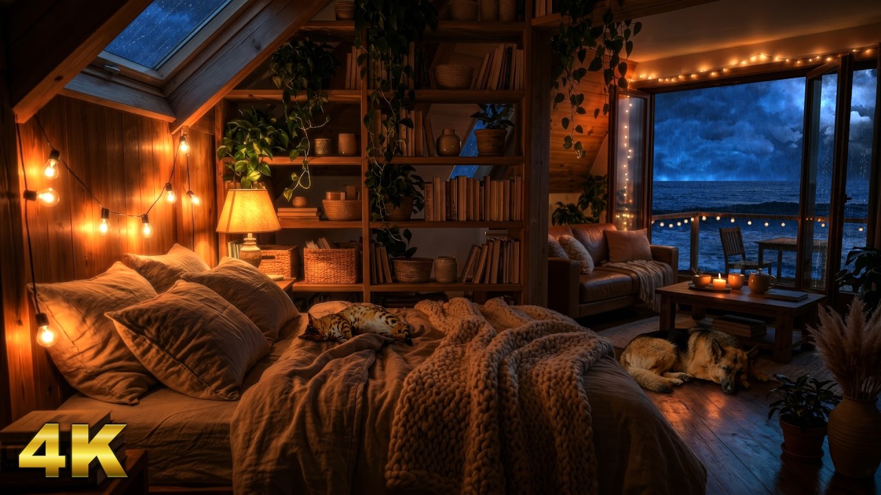 Thunderstorm at the Ocean ⛈️ Rain, Waves & Sleeping Pets in a Cozy Loft - No Fireplace