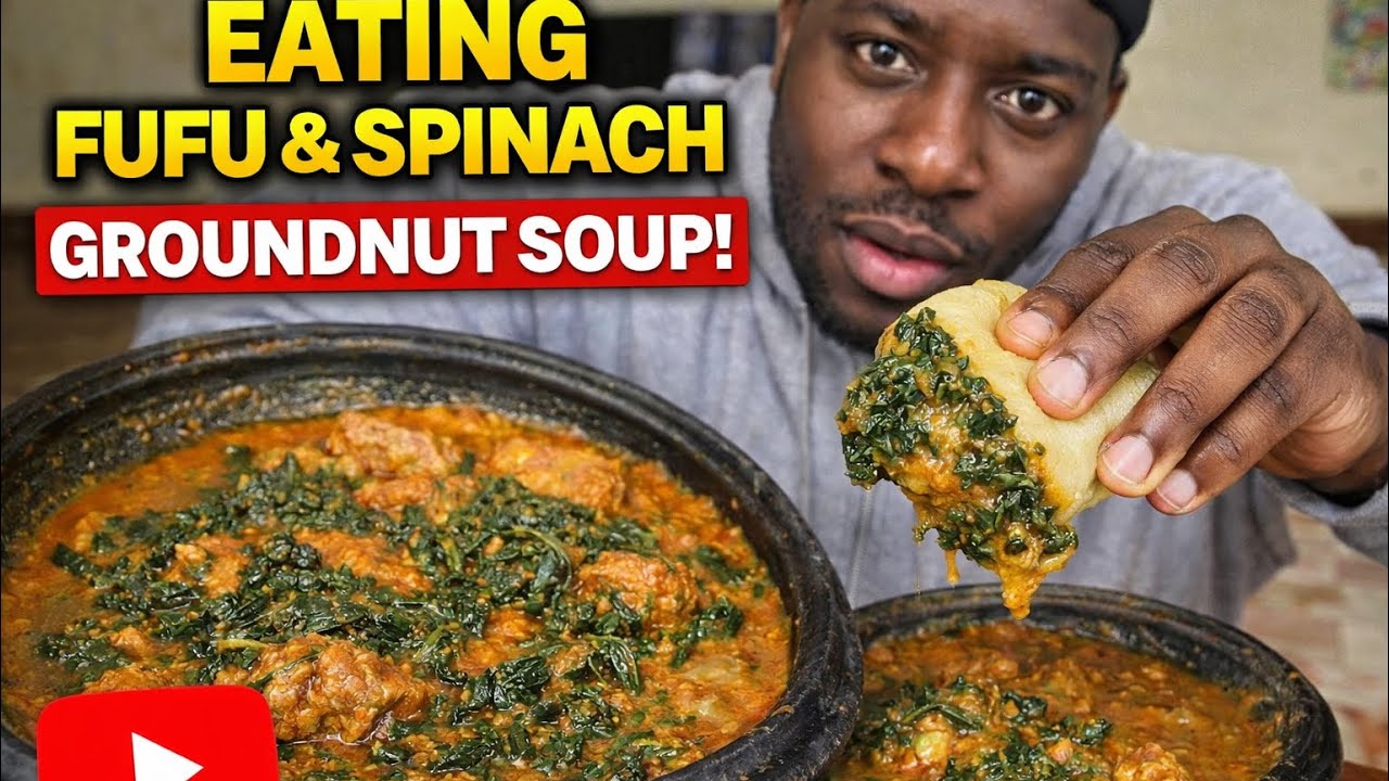 Eating fufu with spinach soup mixed with groundnut soup 
