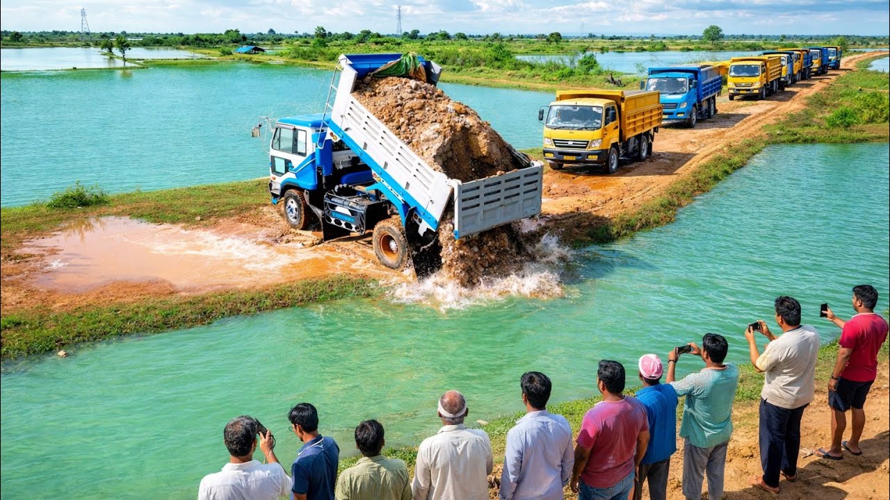 On the lookout! Start New Landfill Using Dump Truck 5T pour soil with Bulldozer KOMATSU PUSHING SOIL
