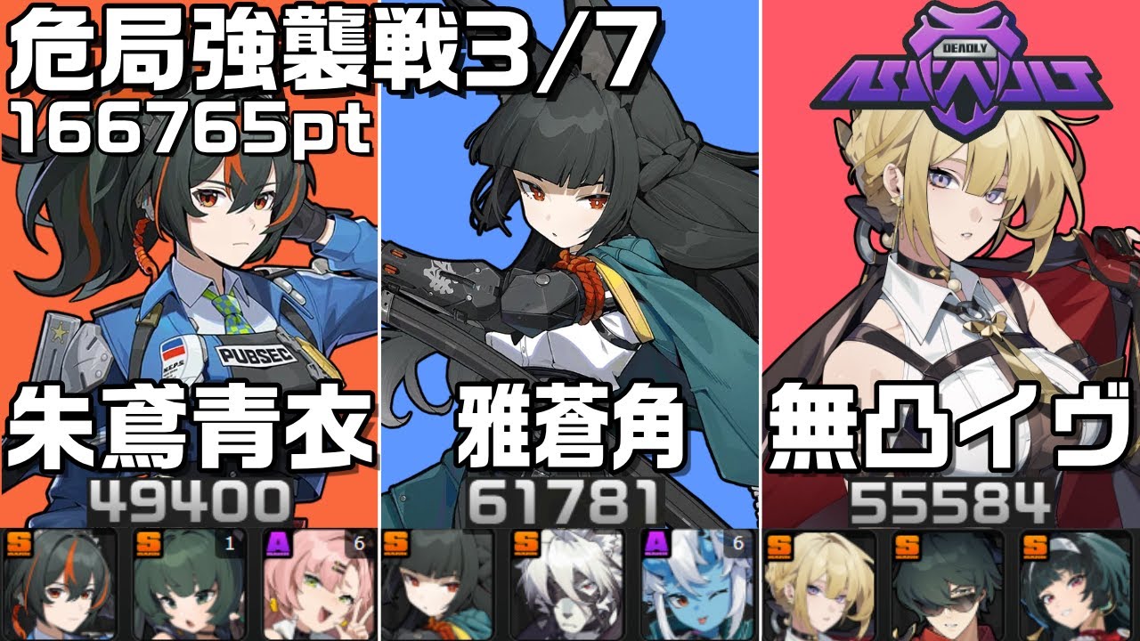 【ZZZ】危局強襲戦 更新3/7Ver！無凸朱鳶、無凸雅蒼角、無凸イヴリン 166765pt｜01 Miyabi, 01 Evelyn, 02 ZyuYuan【ゼンレスゾーンゼロ】