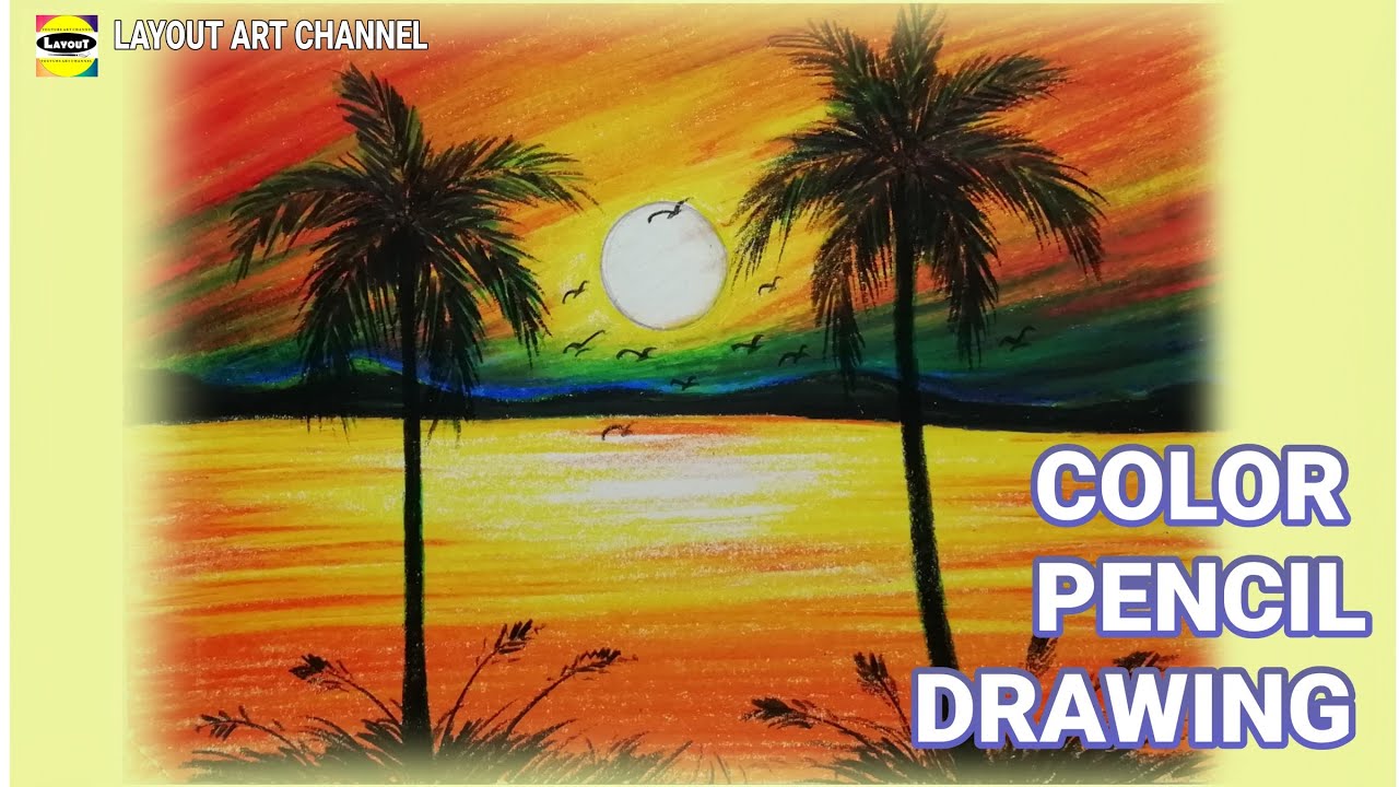 Color pencil drawing Nature scenery for beginners / Sunrise scenery painting easy