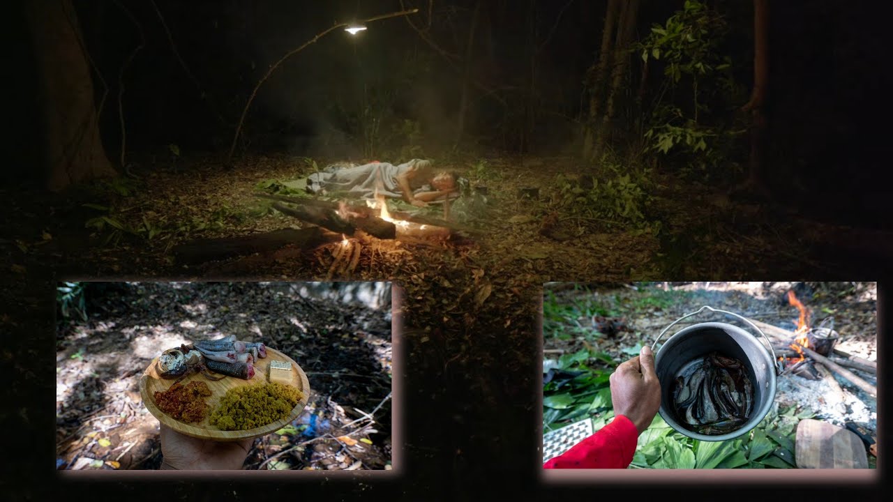 Solo adventure sleeping over night in forest ធ្វើរសម្លរប្រហើត្រីខ្សាន្ដ episode 125