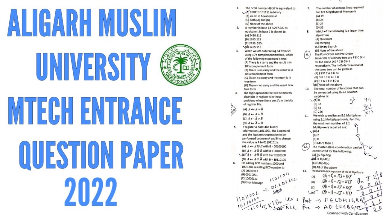 Aligarh Muslim University MTech 2022 Entrance paper | AMU MTech question paper | AMU Question Papers