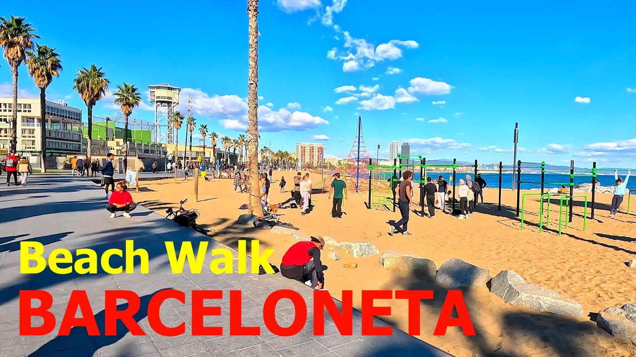 Barceloneta Beach Promenade Walk, Barcelona Spain 2023 in 4K