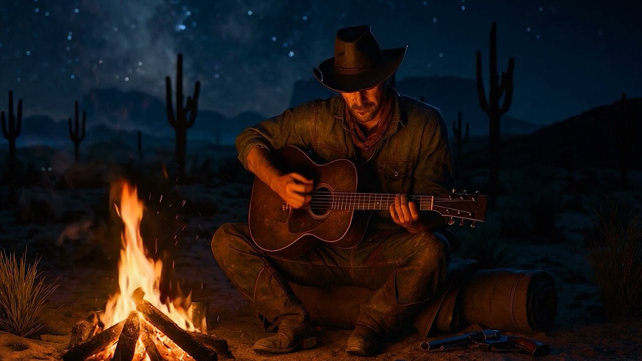 Lone Cowboy at Night Campfire 🔥 1 Hour of Western Ambient Guitar & Desert Atmosphere 🌌