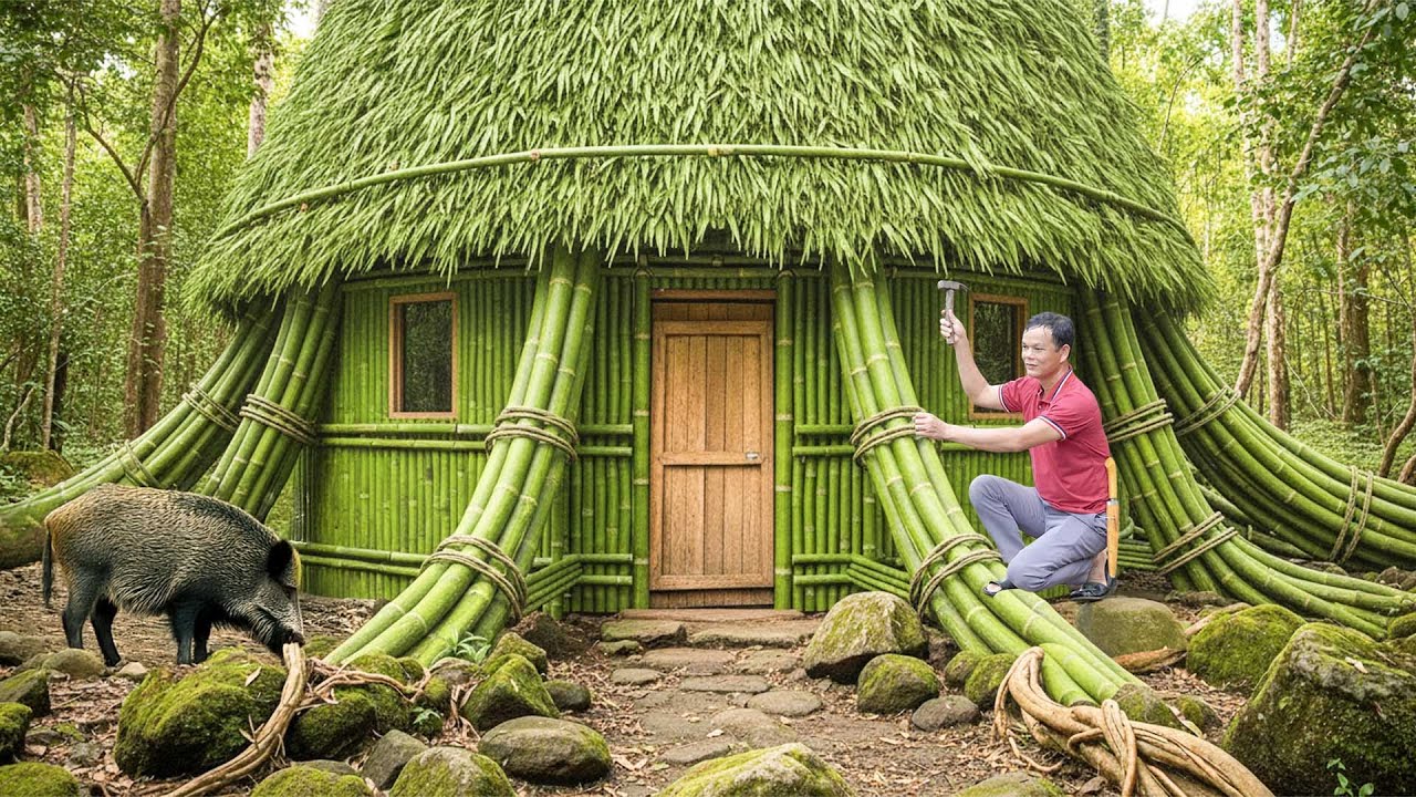 Survival Build Bamboo Tree House - Foraging - Setting Traps in the Jungle