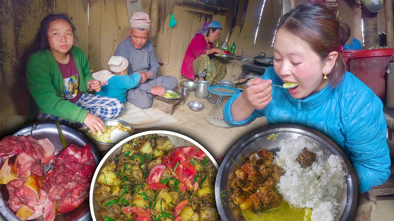 Pork Fry Recipe and Rice Cooking and Eating in village kitchen सुङगुर को भुटेको मासु सङ्ग भात खाइयो