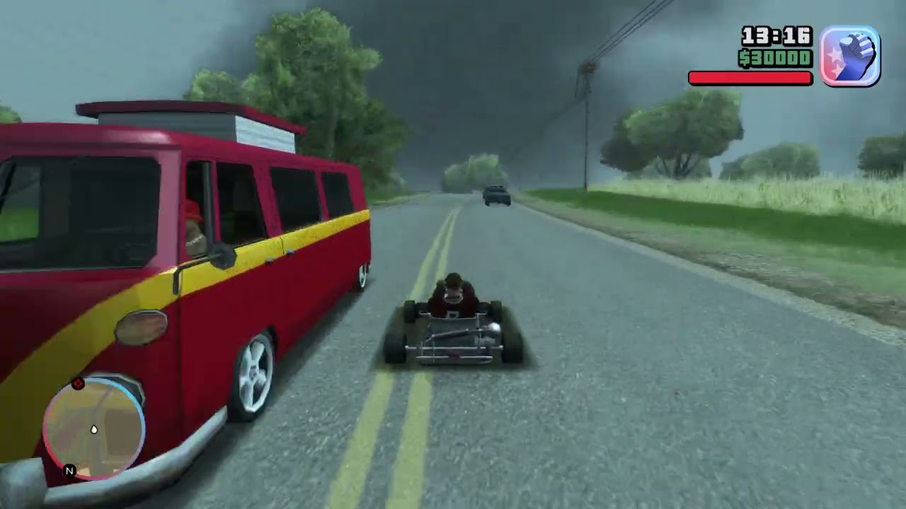 Cj drives a go-kart from Anwhere City to Peachtree