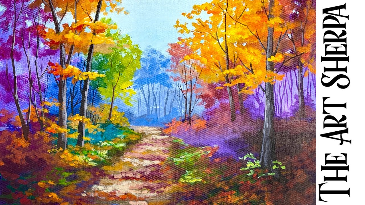 Autumn path 🌟🎨 How to Draw and Paint tutorial for Beginners | paint night at home