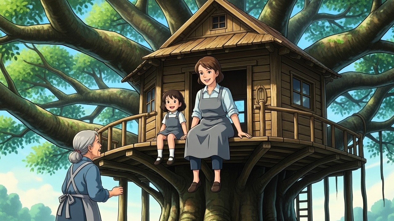 Cozy Village Morning with Grandma & Mom – Building a Treehouse Under the Banyan Tree | Ghibli ASMR