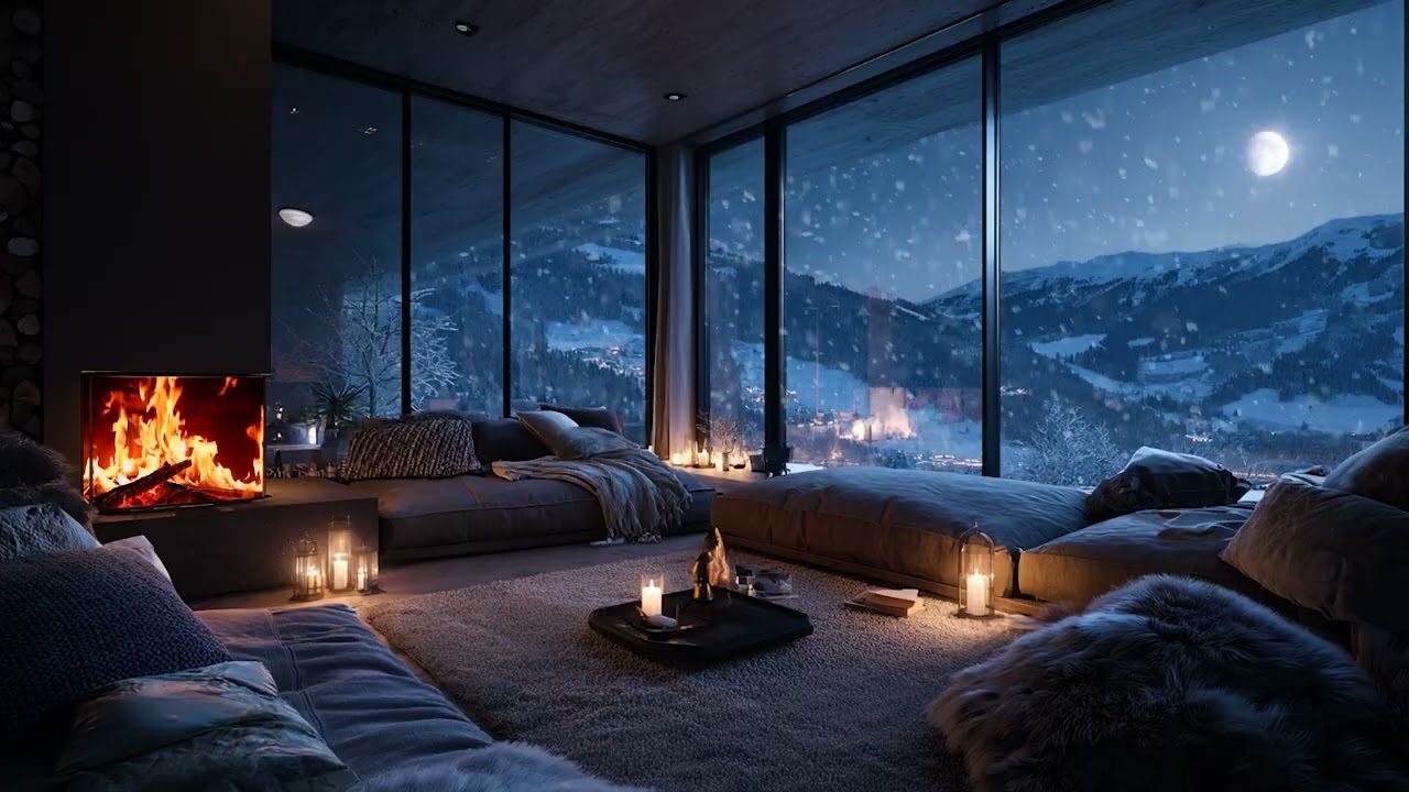 Frozen Snow Wind Beyond the Cabin with Warm Fireplace Sounds for Calm Sleep and Inner Peace