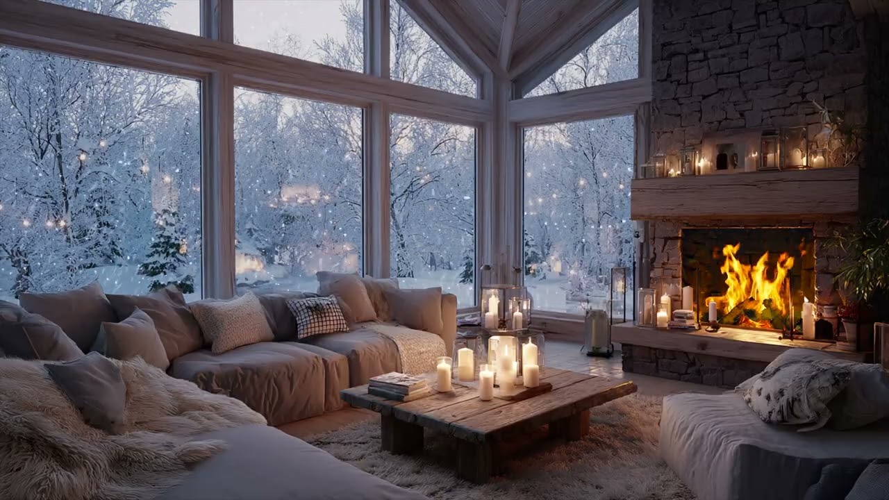 Warm Hearthlight Filling A Quiet Living Room While Snow Drifts Through The Forest
