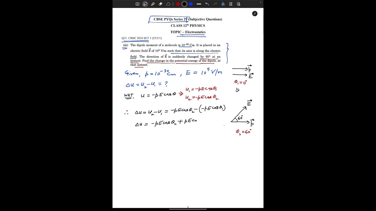 CBSE PYQ SERIES 29 | The dipole moment of a dipole is 10^-30. It is placed in a electric field of a