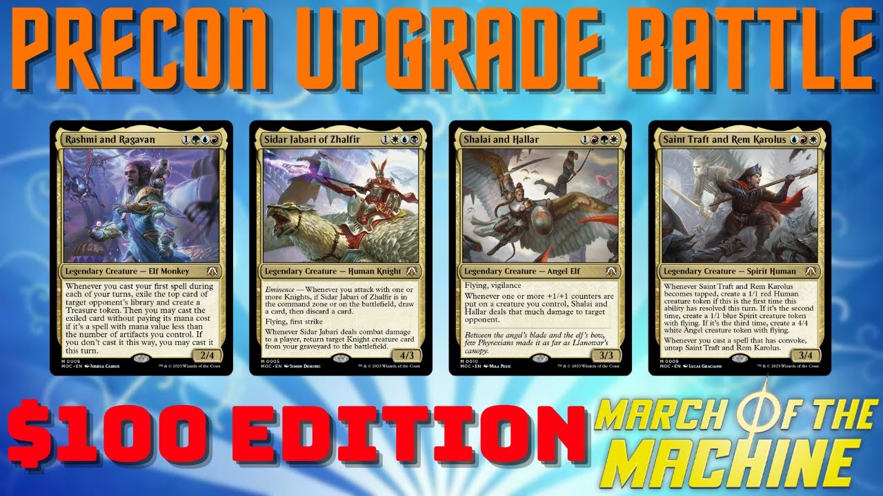 $100 Precon Upgrade Battle - Shalai v. Rashmi v. Sidar Jabari v. Saint Traft | EDH Gameplay