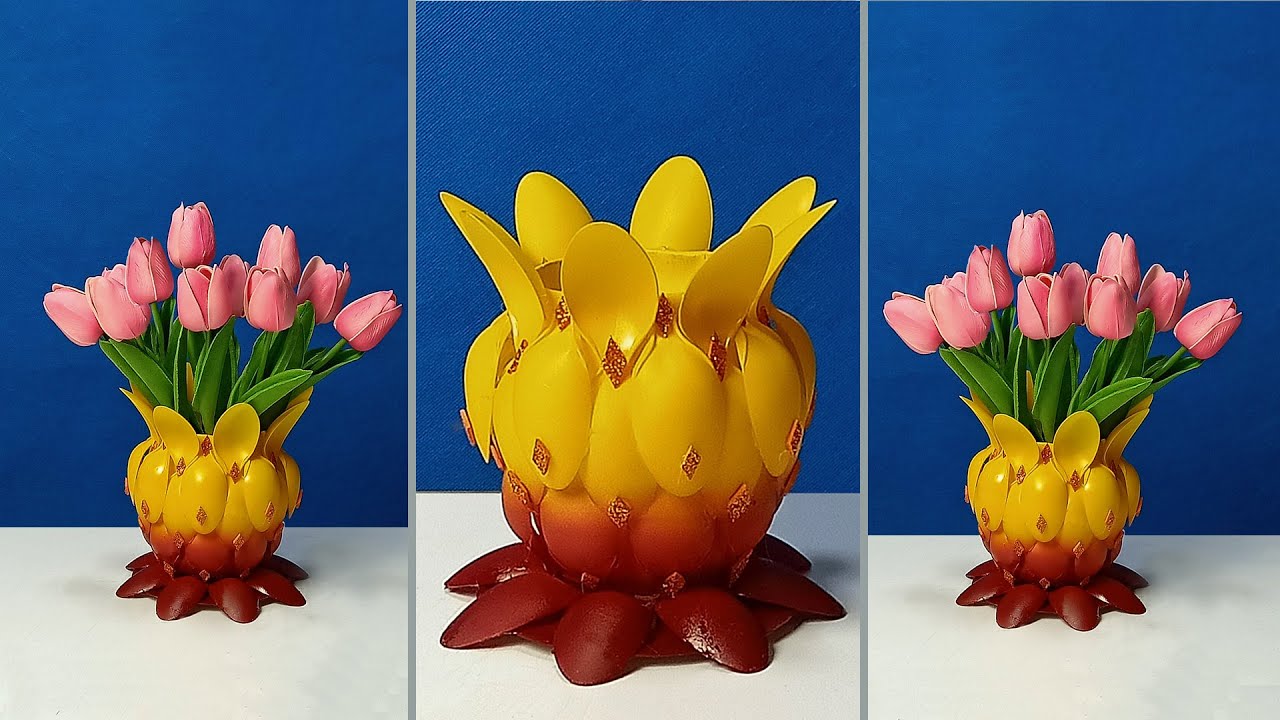 Yellow w/ Red Plastic Spoon make of Flower Vase | Recycled Plastic Bottle craft Ideas