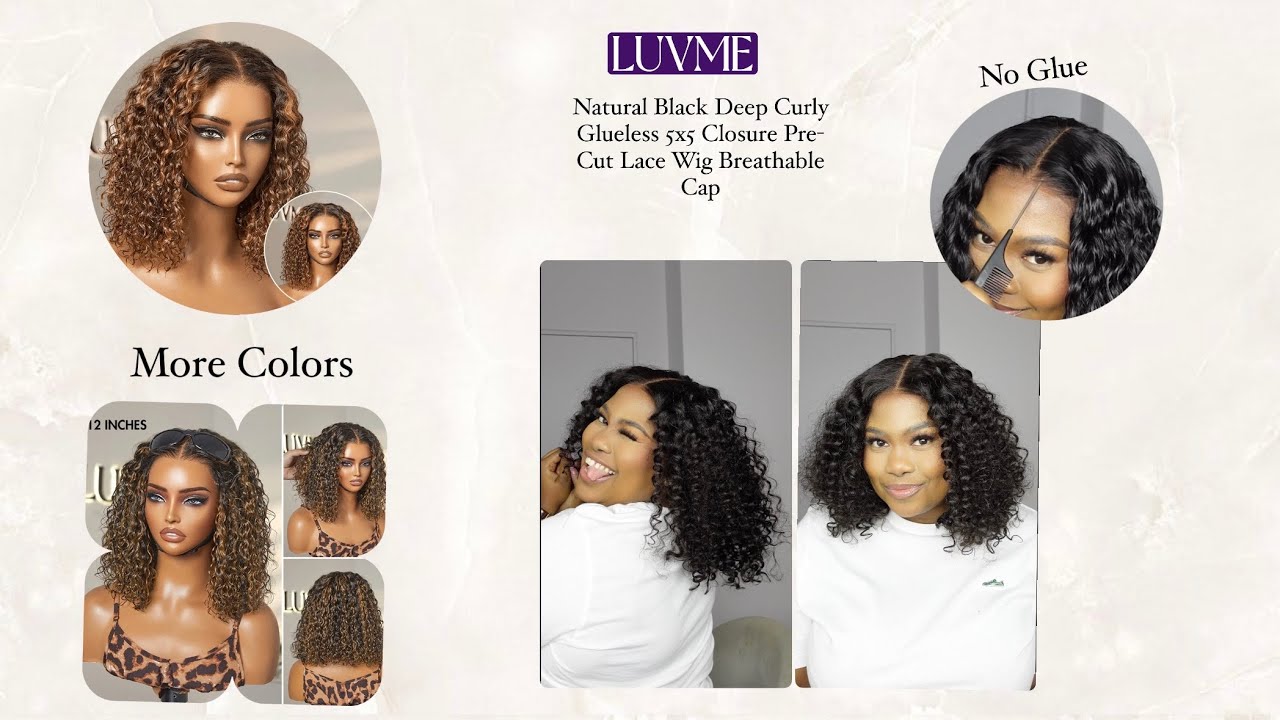 Natural Black Deep Curly Glueless 5x5 Closure Pre-Cut Lace Wig Breathable Cap Ft. LUVME