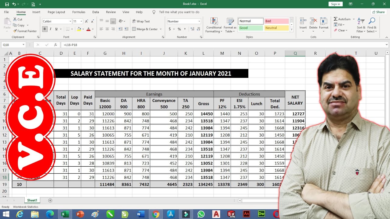 HOW TO LEARN EXCEL, SALARY STATEMENT WITH FORMULA IN HINDI (V.C.E)