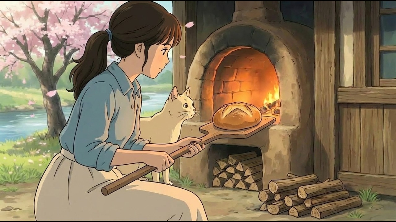 Living Alone by the River | Baking Fresh Bread on a Windy Day | Ghibli Cooking ASMR