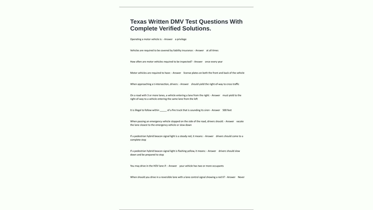 Texas Written DMV Test Questions With Complete Verified Solutions4