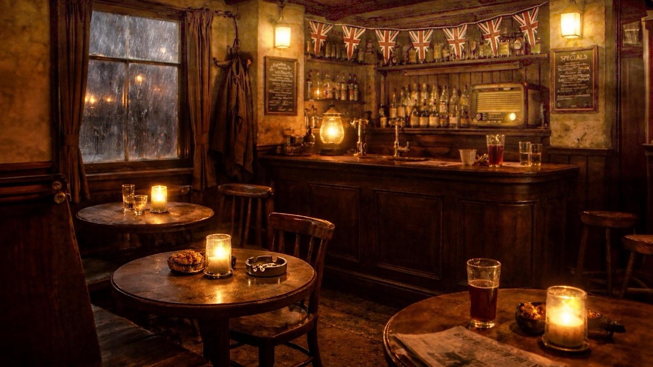 1940s Soft Jazz Playing in a Pub | Cozy Candlelight & Rain