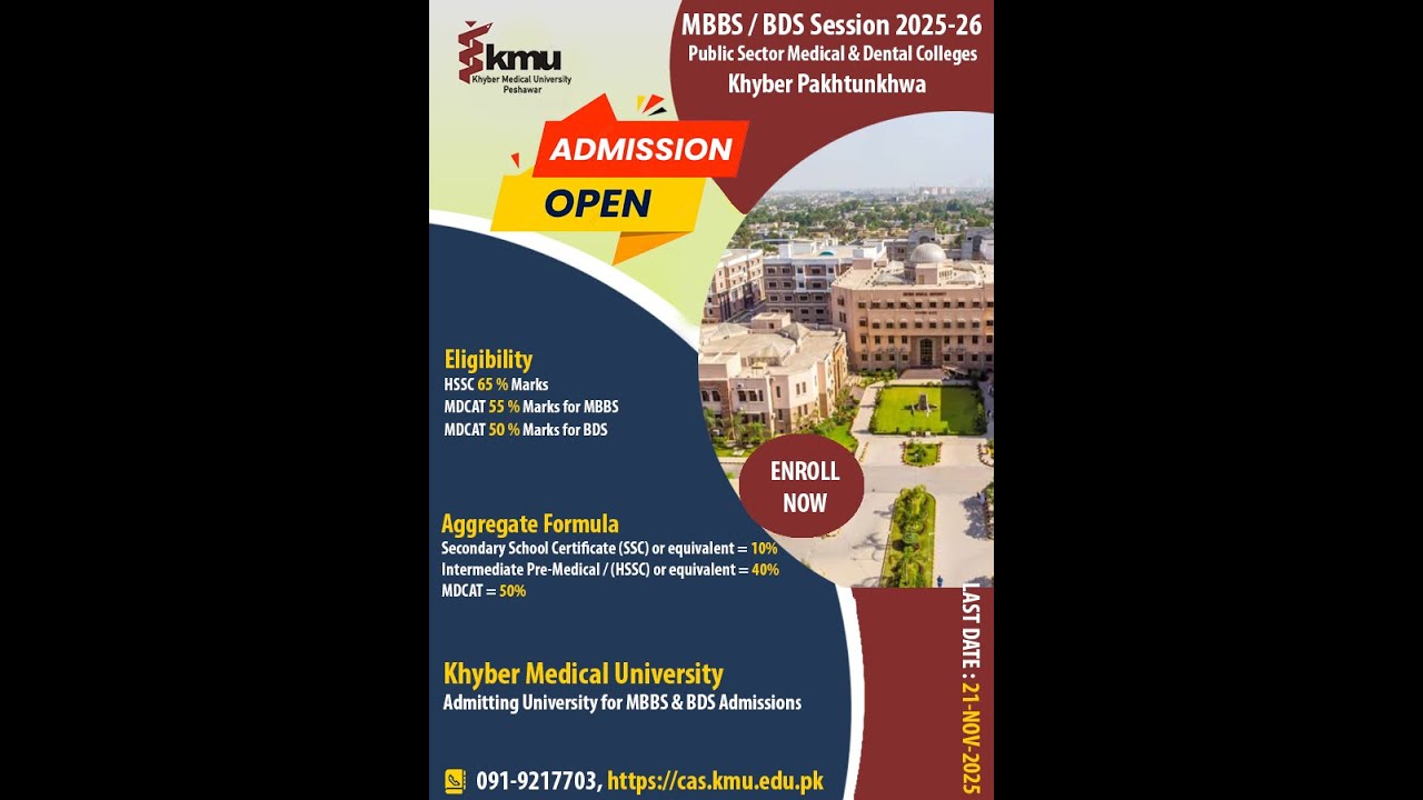 MBBS BDS Admissions 2025 Khyber Medical University KMC AMC BKMC KGMC GKMC GMC  BMC KCD ADS BKDS