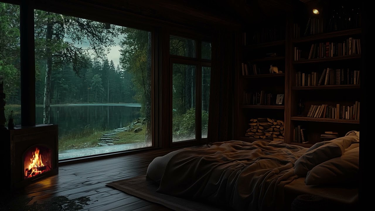 Gentle Rainy Lakeside Porch 🌧️Soft Rain & Fireplace Sounds for Sleep, Focus & Relaxation