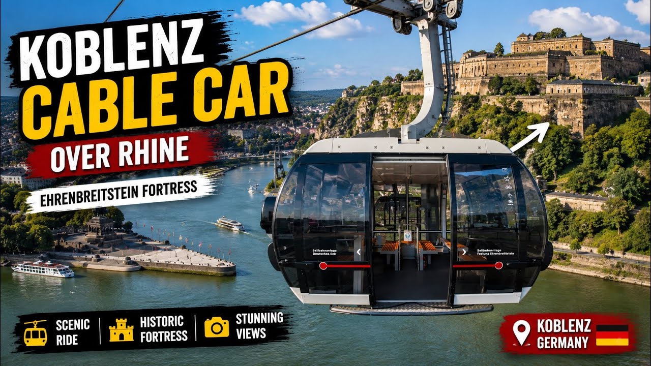 Koblenz Cable Car over Rhine / Ehrenbreitstein Fortress (Full HD)
