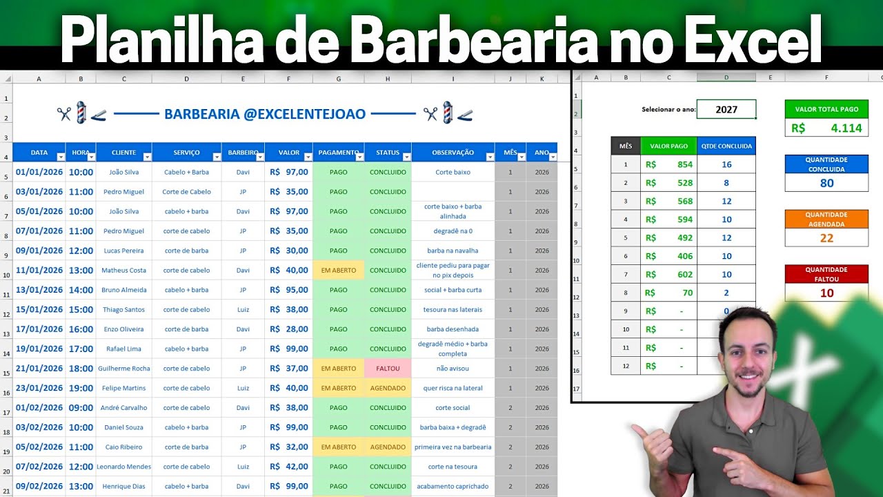 Planilha de Barbearia Excel: Agenda de Horários e Fluxo de Caixa | Controle Financeiro