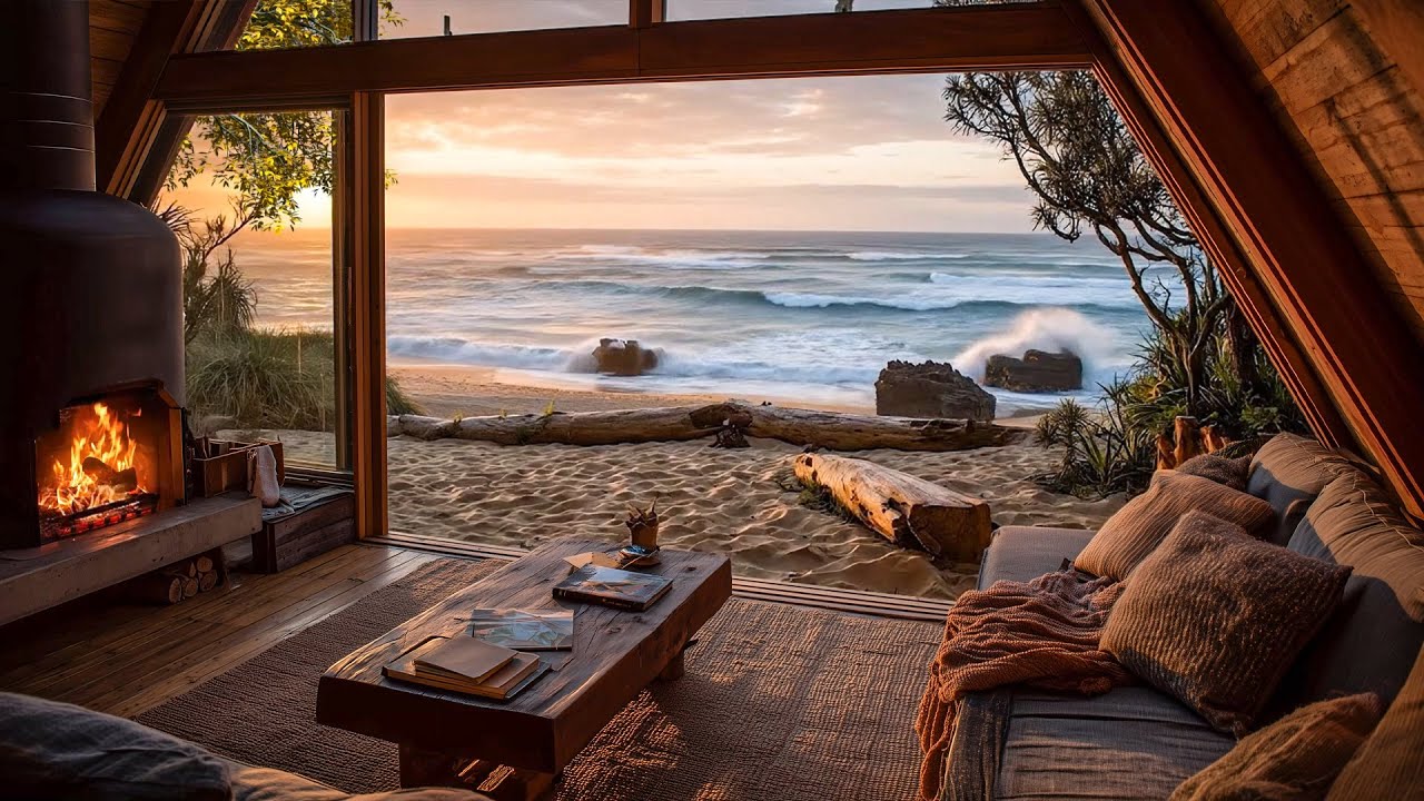 New England Seaside Cabin Sunset | Ocean Waves, Crackling Fireplace & Peaceful Sunrise| Relax, Sleep