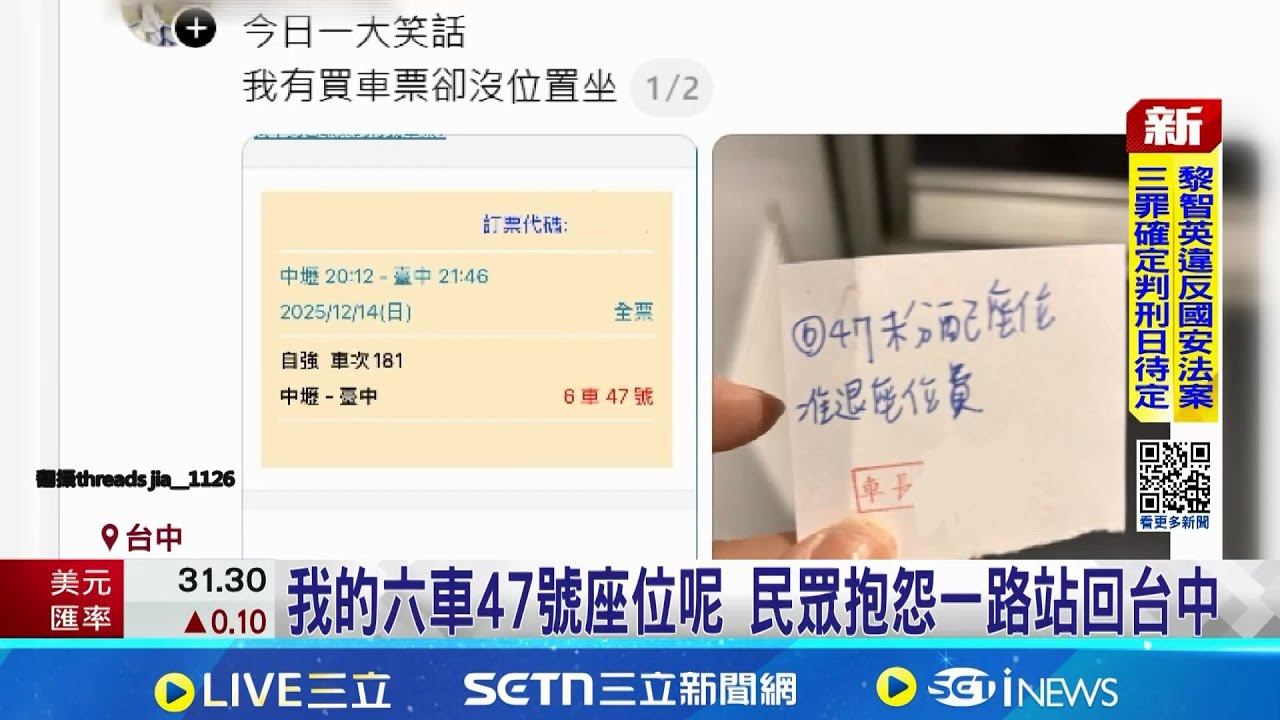 台鐵改列車民眾有票無位 只改站票退兩成掀熱議 因故改新自強號車型 騰雲座艙無47號座位｜記者 張裕坤 李建瑩 范誠庭｜新聞一把抓20251215｜三立新聞台