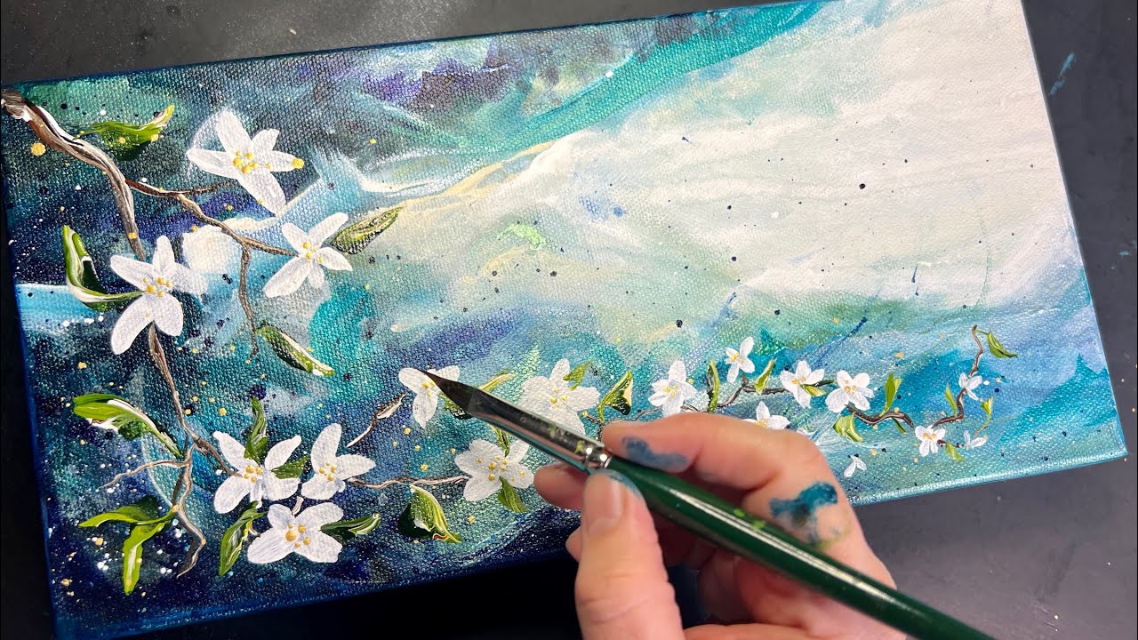 Painting Flowers & Branches on Abstract Canvas