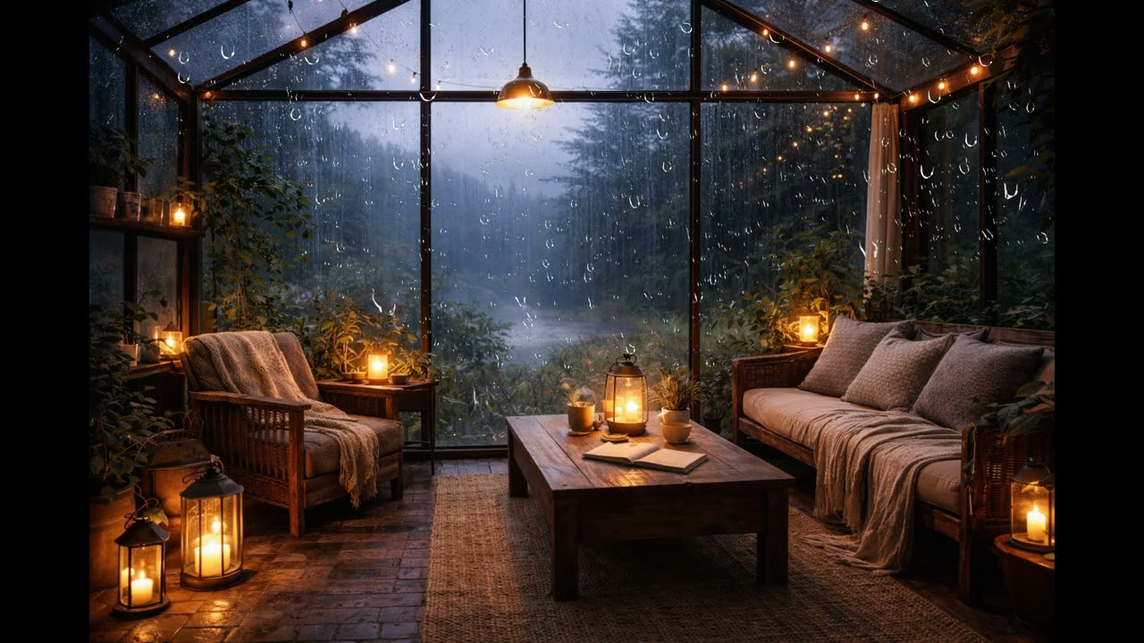 5 Hours Rainy Evening in a Cozy Greenhouse 🌧️ | Warm Candlelight Ambience