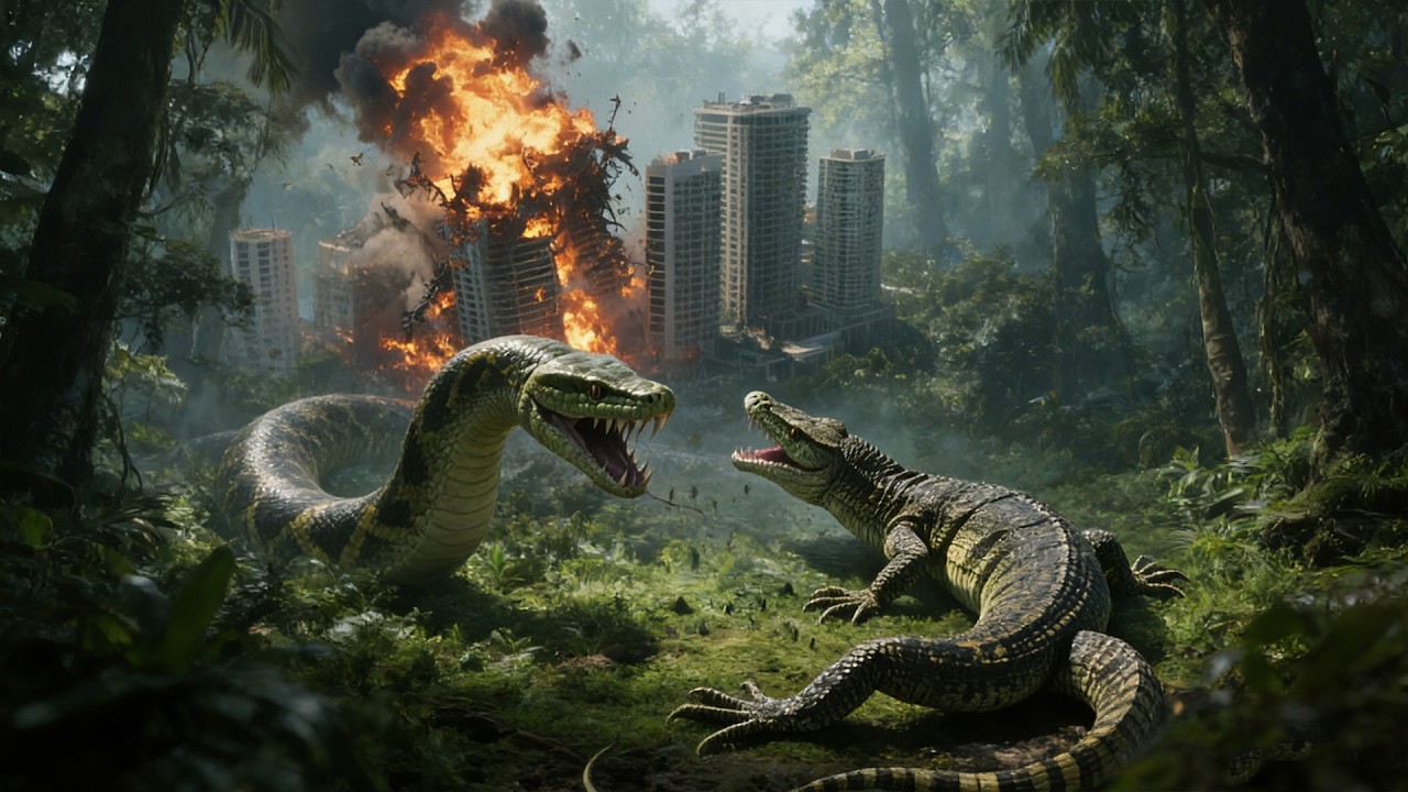 City fallen, giant pythons rampage. In despair, a mutated monitor lizard rises as ultimate savior.