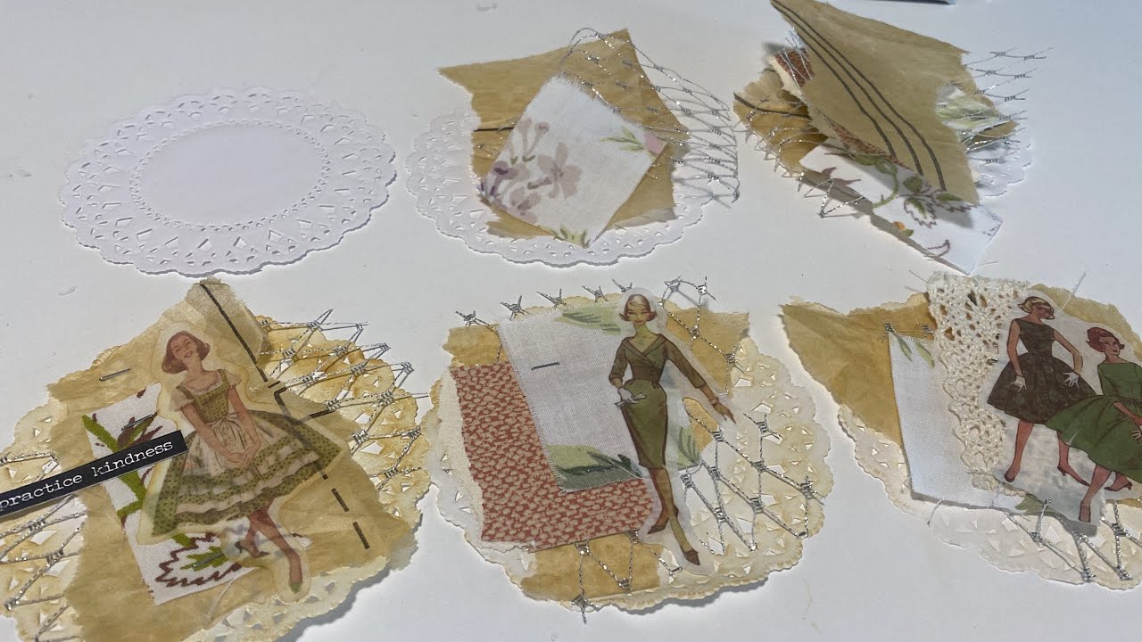 Junk journal embellishments using doilies & scraps / vintage sewing theme