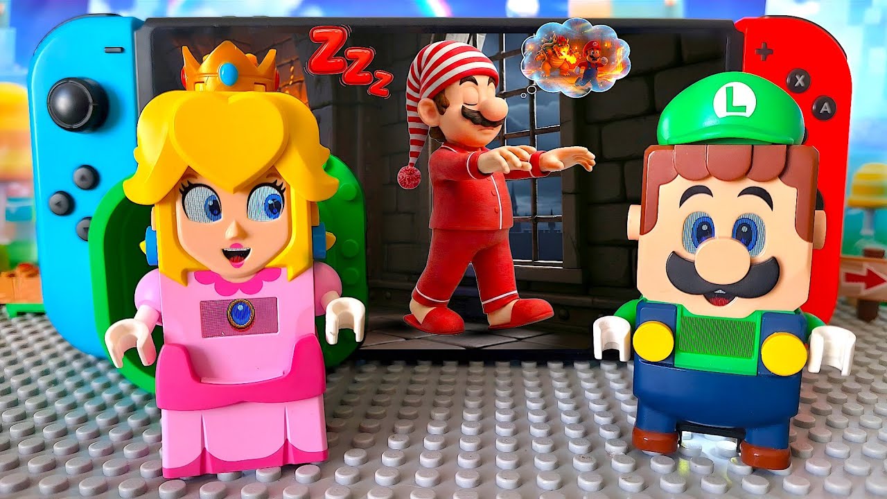 Lego Mario is Walking in His Sleep! 😴 Luigi & Princess Peach go after him into Nintendo! #legomario