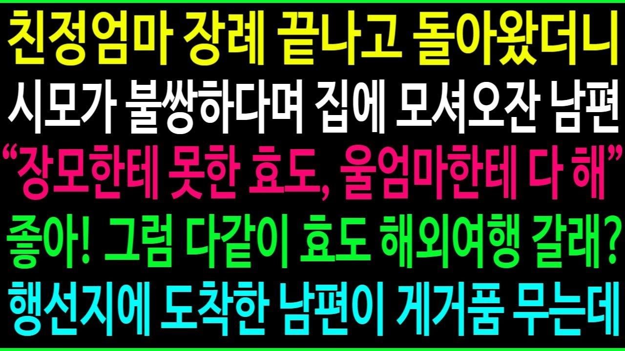 친정엄마 장례 끝나고 돌아왔더니 시모가 불쌍하다며 집에 모셔오자는 남편, 좋아! 그럼 다같이 효도 해외여행 갈래 다음날 행선지에 도착한 남편이 거품 무는데ㅋ