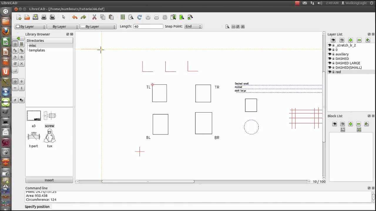 LibreCAD tutorial 11 -- The toolbars and the divide function.