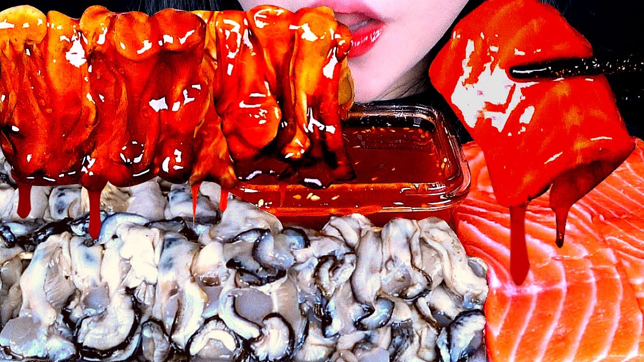 ASMR RAW OYSTER, SALMON, SEAFOOD, SPICY SAUCE/굴 먹방, 연어 먹방, 매운 불닭 초장 소스 먹방 MUKBANG/EATING SOUNDS