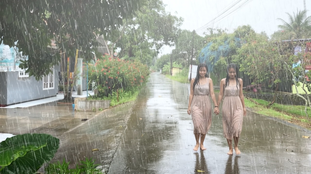 Heavy rain ( typhoon 🌀in indonesia ) early afternoon Walk, Indonesia Countryside Village