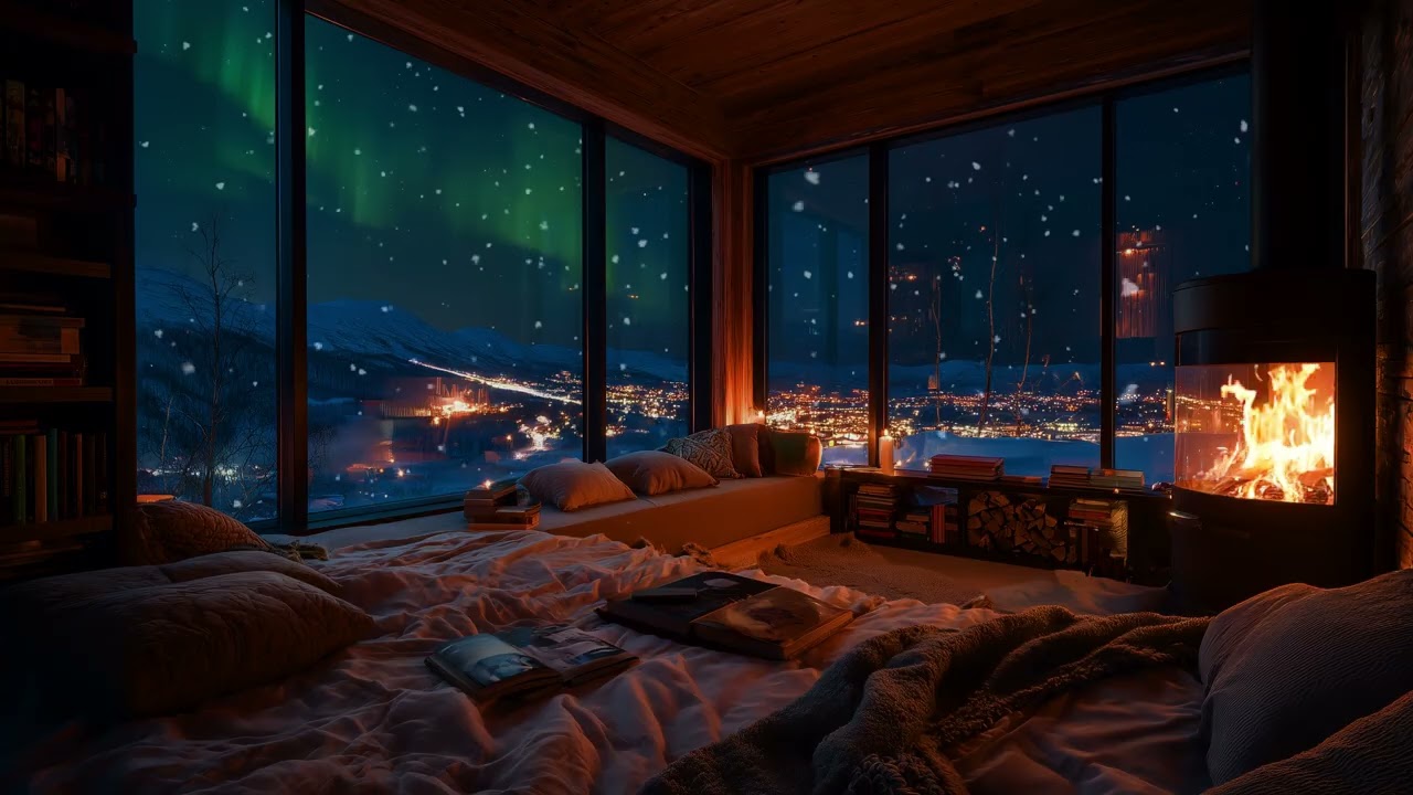 🔥Winter Cottage Fireplace | Crackling Flames & Falling Snowflakes❄️——Sleep Aid & Relaxation