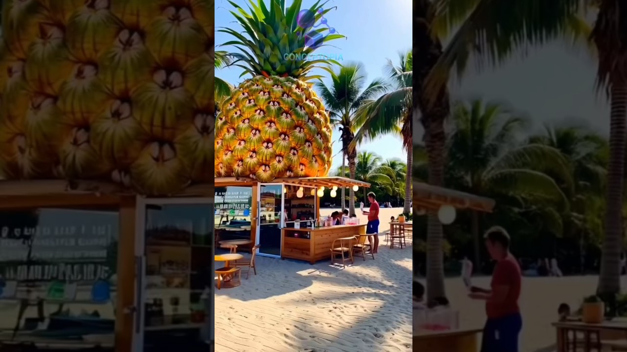 Giant Pineapple Juice Bar in Barcelona Beach&ndash; The Freshest Building Ever! #aicreativity #shortsfeed