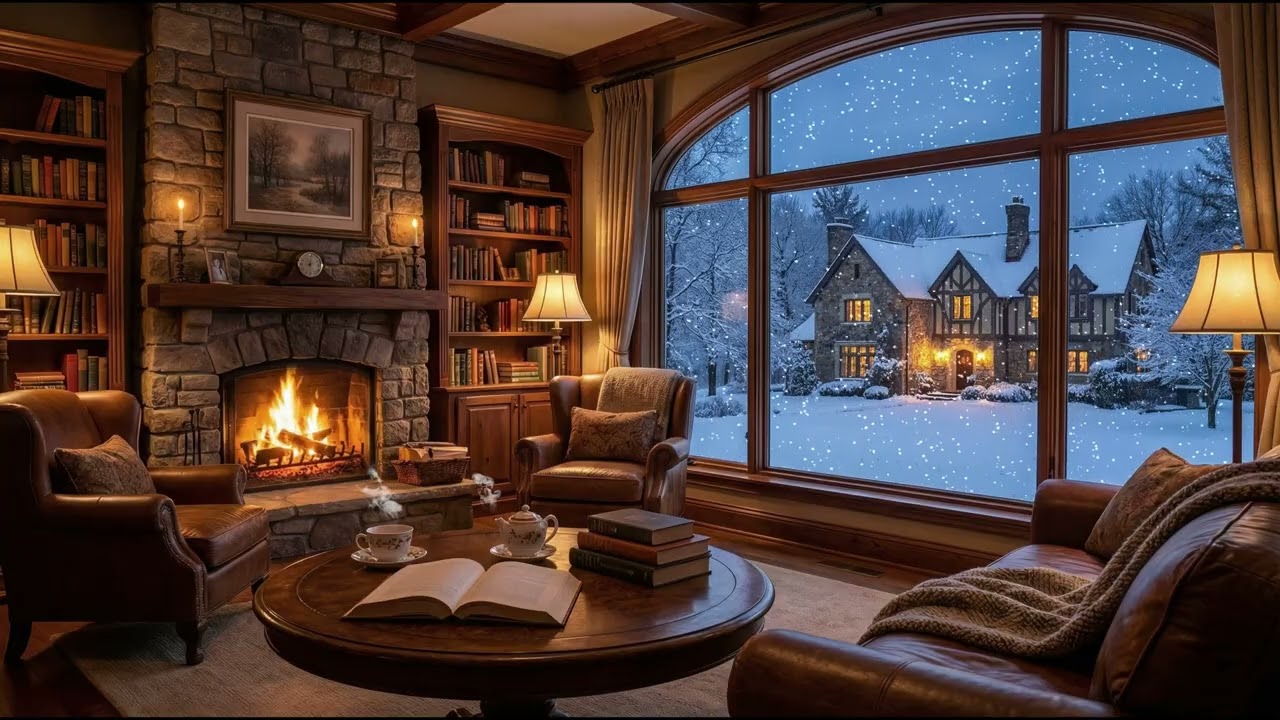 Cozy Winter Jazz Café ❄️ Fireplace & Smooth Piano for Study and Deep Work