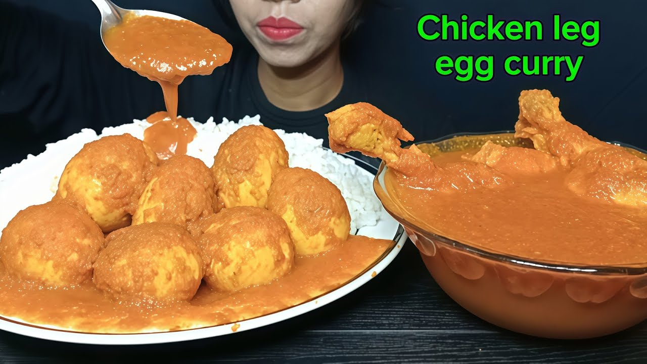 ASMR eating spicy egg curry with chicken leg piece । Spicy chicken leg eating show । Egg, chicken 
